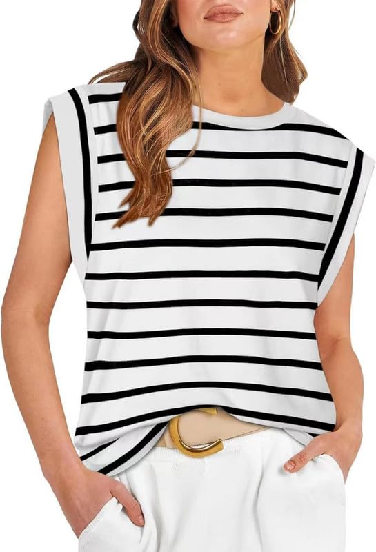 Haibang Camiseta sin Mangas Mujer Verano Camisetas de Manga Corta de Rayas Cuello Redondo Básica Blusas Elegantes Holgado Tank Tops Casual Color Sólido T-Shirts AlgodóN Chaleco Chic Moda Camisa