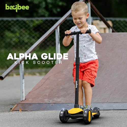Image of Baybee Alpha Kick Scooter for Kids, Smart 3 Wheel Kids Scooter with 4 Height Adjustable Handle, Runner Scooters with Led PU Wheels & Brake, Skate Scooters for Kid 3 to 10 Years Boys Girls (Yellow)
