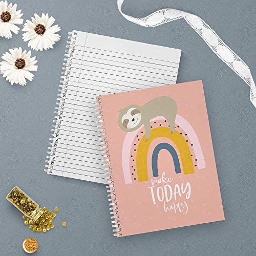 Softcover Make Today Happy 8.5" X 11" Motivational Sloth Spiral Notebook/Journal, 120 Wide Ruled Pages, Durable Gloss Laminated Cover, White Wire-O Spiral. Made In The Usa #TOP4