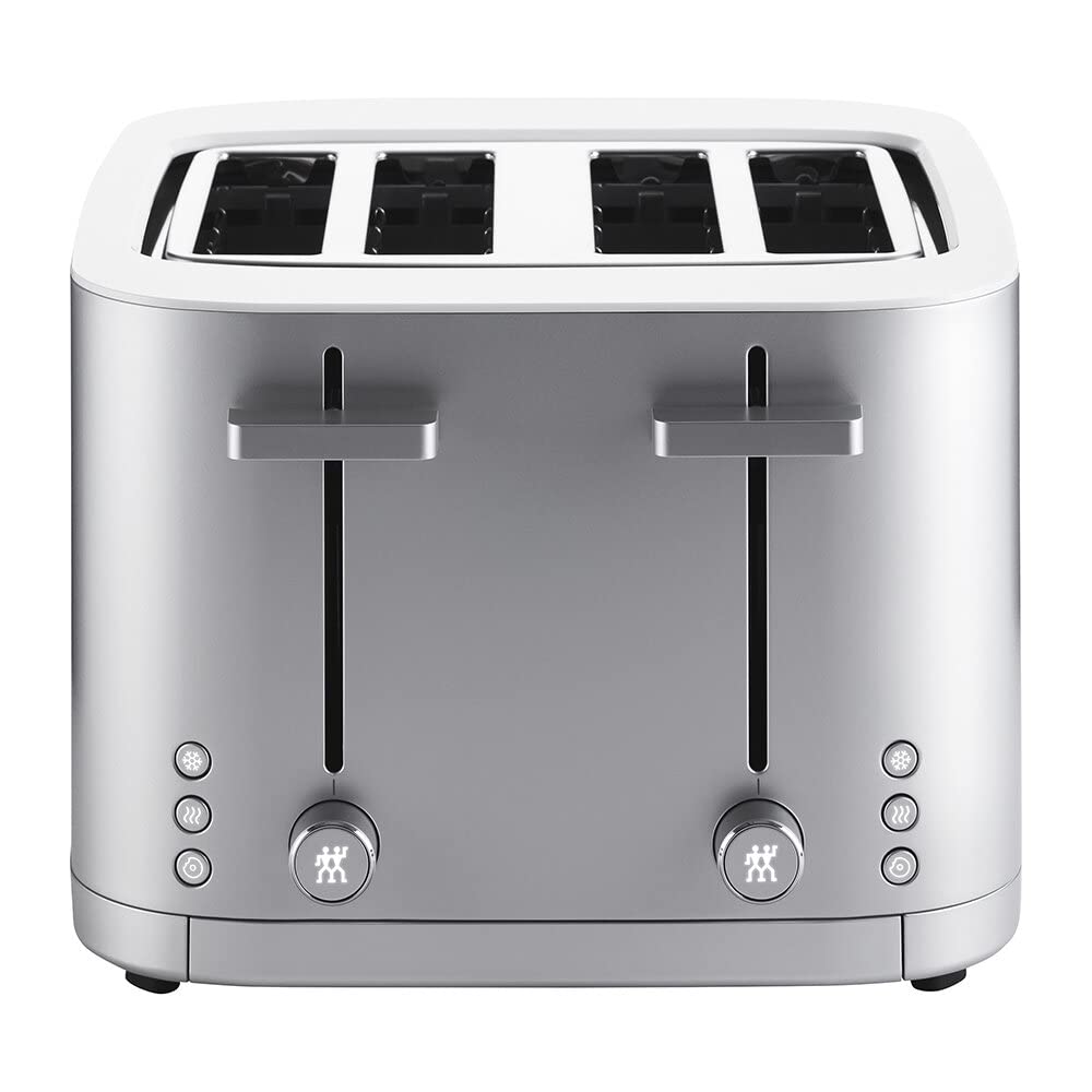 Zwilling Enfinigy Toaster 4 Slice Silver. 1000 watts. 8 separate heating elements. Soft lift & extra lift features. 7 browning levels. 3 automatic programmes: thaw, warm & bagel. Automatic shut-off.