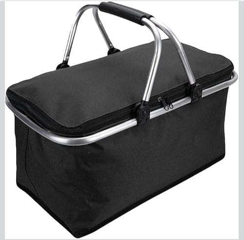 Insulated Foldable Picnic, Collapsible Cooler Basket and Shopping Bag with Aluminium Frame 30L (Black)