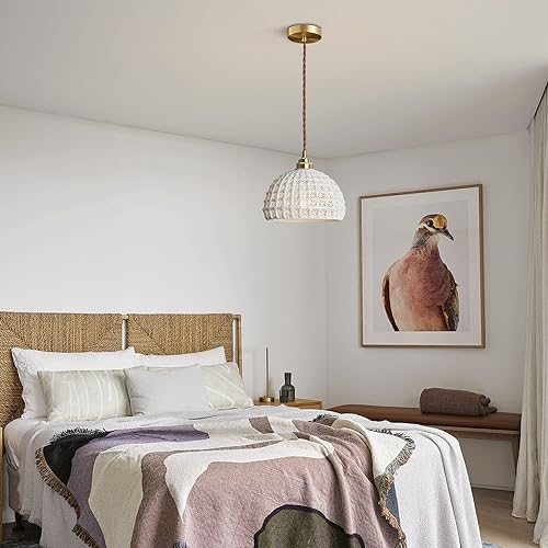 Image of White Ceramic Pendant Light Elegance Nordic Hanging Lamp Brass Finish Modern Ceiling Light Minimalist Style Ceiling Hanging Lamp for Kitchen Island Bedroom Bedside