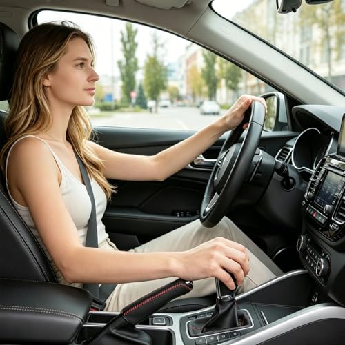 Image of Car Gear Cove, Handbrake Cover, Non-Slip Gear Knob Cover with Enhanced Grip, Interior Protection Car Accessory Compatible with Subaru Models, Black with Red Stitching