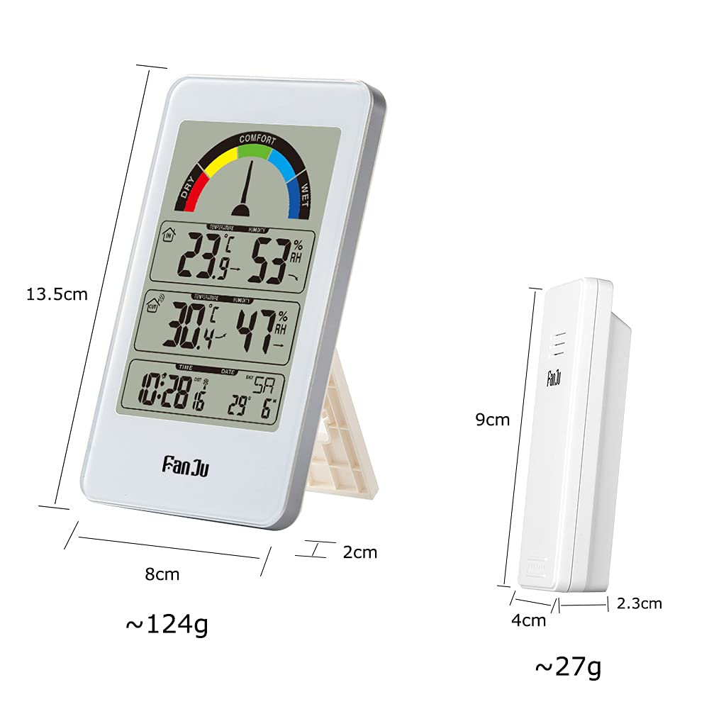 Dimensions of FanJu FJ3356 main unit and outdoor sensor