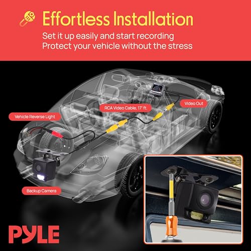 Image of Pyle Rear View Backup Camera for Car - Compact Reverse Cam with Distance Scale Lines,Night Vision, 170 Tilt-Adjustable Lens, IP67 Waterproof,12V RCA Video Output - Universal Fit for All Vehicle Types