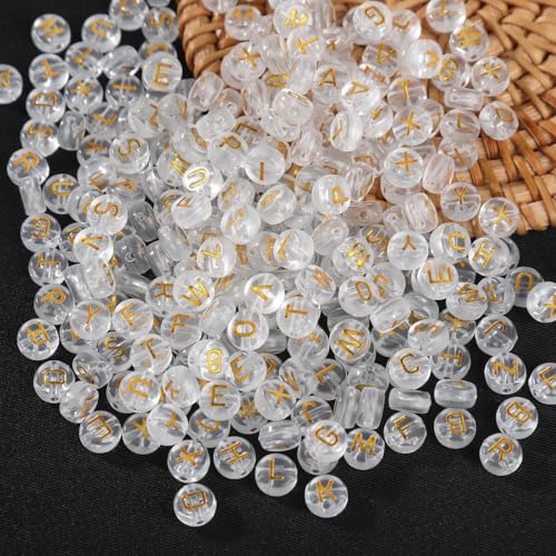 HERZWILD 1000pcs Transparent Letter Beads Gold Alphabet Bead Acrylic Letters A-Z Beads Flat Round Transparent Craft Bead 4*7mm for Jewelry Making Friendship Bracelet Holiday Decorations(47 clear-gold)
