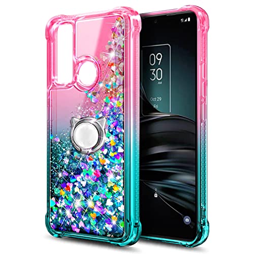 Nznd Case For Tcl 30V 5G With Tempered Glass Screen Protector (Maximum Coverage), Ring Holder/Wrist Strap, Glitter Liquid Floating Waterfall Durable Girls Kids Women Cute Phone Case (Pink/Aqua) #TOP1