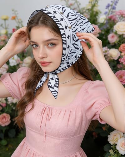 AWAYTR Women Triangle Head Scarf 3Pcs Tie Back Hair Bandanas for Women with Metal Studs - Head Coverings Cute Headscarf (Zebra - Black + White + Khaki)