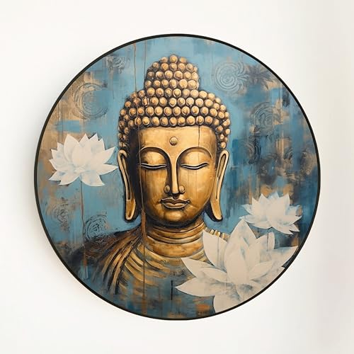 Image of PAINTINGMANTRA Framed Painting Meditating Lord Buddha with Lotus Round Large Wall Art for Living Room Decoration, Circular Gold Metal Finish Stylish Large Wall Art Print for Wall Decor (22x22 Inches)