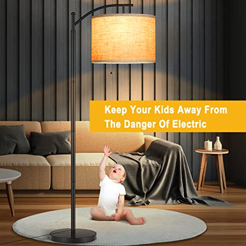 Joofo Floor Lamp With Pull Chain Switch - Standing Floor Lamp With Fabric Linen Lamp Shade, 3 Color Temperatures Tall Arc Floor Lamps For Bedroom And Living Room,Dorm,Office, Black #TOP4