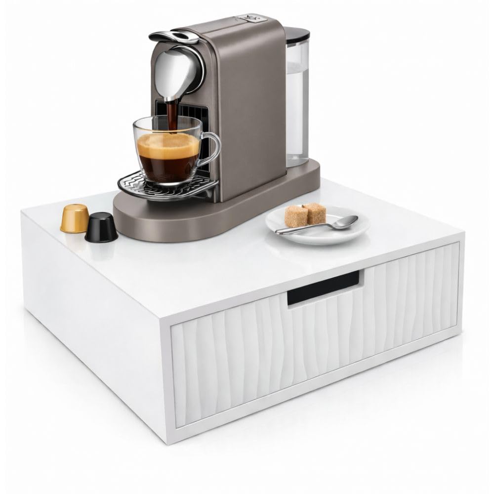 Porta Capsule e Cialde Caffè completamente in Legno Bambù Bianco 30x30x10 cm – Supporto Macchina Caffè Salvaspazio con 3 Scomparti
