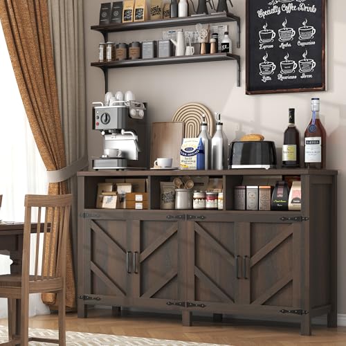 Buffet Sideboard with Storage Farmhouse with 4 Doors, 55'' Large Kitchen Storage Cabinet Wood Coffee Bar Cabinet Buffet Table with Shelves for Kitchen, Dining Room, Entryway (Brown, 55in) - Image 6