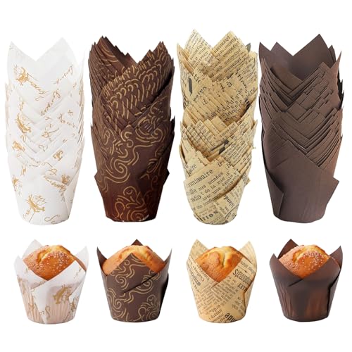 Papel para magdalenas，200 Piezas Tulipán Moldes de Papel para Hornear , Moldes para Magdalenas,para bodas, cumpleaños, baby showers