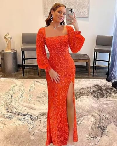 Long Sleeve Sequin Prom Dresses for Women Square Neck Tight Long Formal Evening Party Gown with Slit2