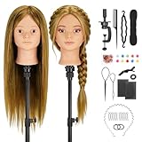 Yofuly 26Zoll / 66cm Frisierkopf, 80% Echthaar Übungskopf, Make-up Frisieren Trainingsköpfe, Puppenkopf Friseur Mannequin Kopf mit Tischklemme + DIY-Zopfset (Hellbraun)
