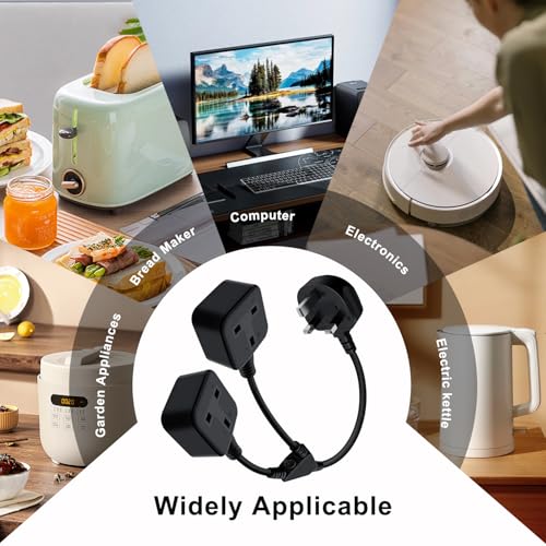 HuaLiSiJi 2 Way Extension Lead with Short Cable 13A 250V Double Socket Extension Lead for Home, Office (Black, 35 cm) - Image 5