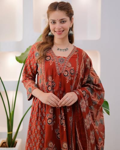 Image of Nermosa Women's Printed Anarkali Kurta and Palazzo Pant Set with Dupatta