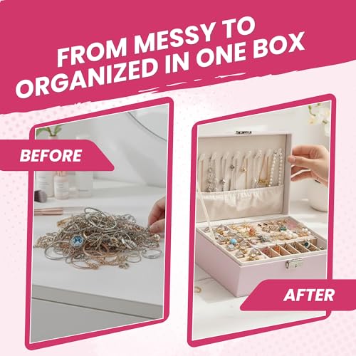 Image of OCEANEVO Jewellery Organiser Box WITH Makeup Sponge, Jwell Organizer Storage Box with Lock, Earrings, Necklace Organizer for Women - 23 x 17 x 8.5 Cm - Pink - 1 Year Warranty
