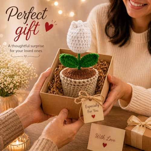 Image of Handcrafted Crochet Flower Pot | 7 Inch Handmade Wool Flower Plant | Premium Soft Yarn Decor | Cute Desk & Home Decoration | Unique Gift for Birthday, Anniversary & Valentine (Tulip)