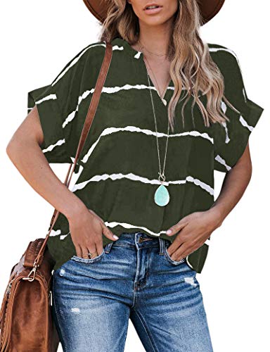 Imily Bela Damen Gestreift Hemd Kurzarm V Ausschnitt Blusenshirt Locker Sommer Cover
