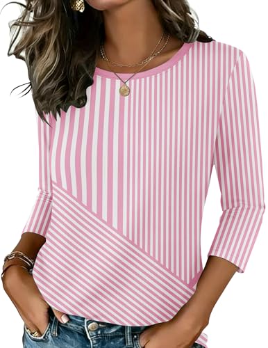 Zeagoo Pink Striped Shirts for Women Casual 3/4 Length Sleeve Tops 2026