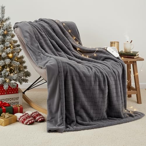 Manta eléctrica calefactora 130x180cm, Vellón de conejo 3D de rejilla & Franela, 4 ajustes de calor, Apagado automático 10H, Manta térmica lavable a máquina para cama sofá oficina (Gris oscuro)