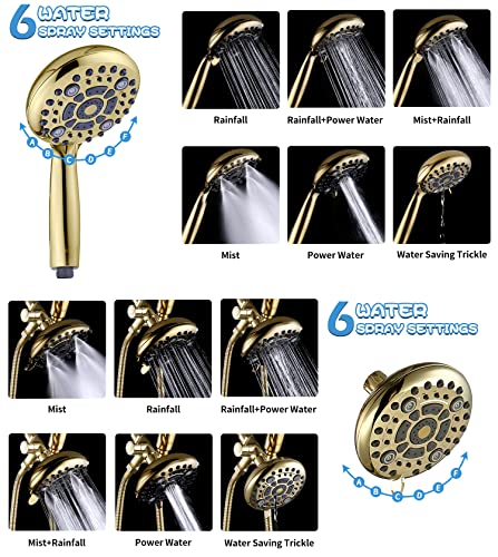 G-Promise High Pressure Dual Shower Head Combo | 72 Inches Flexible Stainless Steel Hose, 3-Way Solid Brass Diverter Bracket (Polished Brass) #TOP3