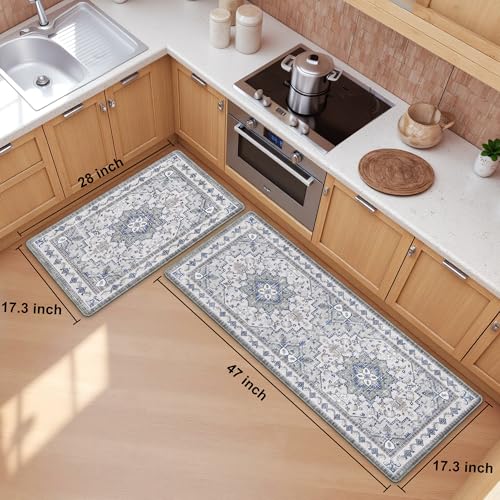 Boho Kitchen Mats for Floor 2 Piece Set Anti Fatigue Cushioned PVC Kitchen Rugs Non Slip Waterproof Farmhouse Mats 2/5 Inch Comfort Standing Mat for Sink, Laundry, 17.3