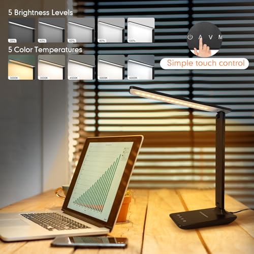 Miniatura 2 de Joyshie Lámpara De Escritorio Led Con Qi Carga Inalámbrica, Flexo De Escritorio Con Luz Nocturna, Lampara De Escritorio Con Control Táctil, Puerto De Carga Usb, 5 Niveles De Luminosidad 5 Modos