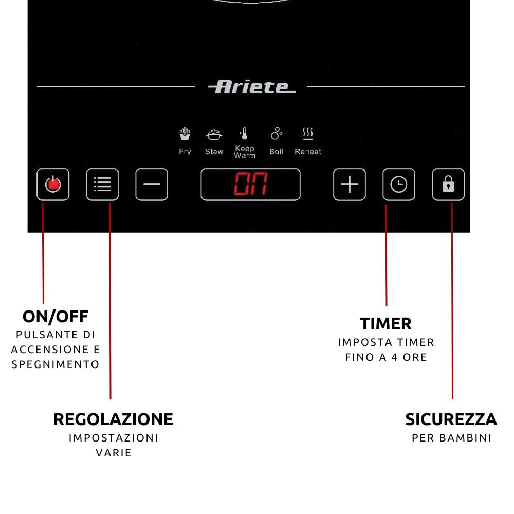 Ariete 1997 Piastra a induzione singola portatile, Vetroceramica, 2000W, 10 livelli di potenza, Timer fino a 4 ore, Sicurezza bambini, 5 programmi, Nero