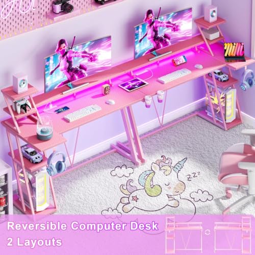 Image of Korfile 55 Inch Gaming Desk with Power Outlet, LED, Monitor Stand, Pink