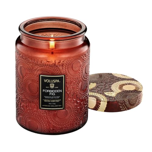 Image of Voluspa Forbidden Fig Large Scented Candle Jar 18 Oz, 100 Hr Burn | Coconut Wax Blend in Decorative Glass, Clean Even Burn, USA Handcrafted Gift for Hosts, Fragrance Lovers & Relaxed Rooms