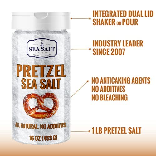Pretzel Salt for Soft Pretzels, Food Grade Salt for Pretzels and Bagels, Heat Resistant Coarse Sea Salt for Soft Pretzel Dough, 1lb Shaker - Sea Salt Superstore