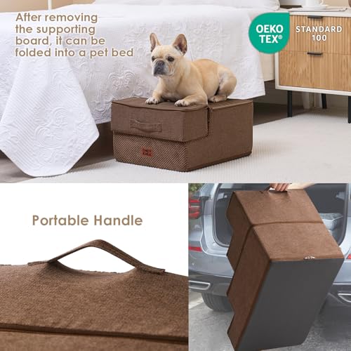 Image of EHEYCIGA Dog Stairs for Small Dogs 13.5 inch H, 3-Step Dog Steps for Couch Sofa and Chair, Pet Steps for Medium Cats, Non-Slip Balanced Pet Ramp Indoor, Brown
