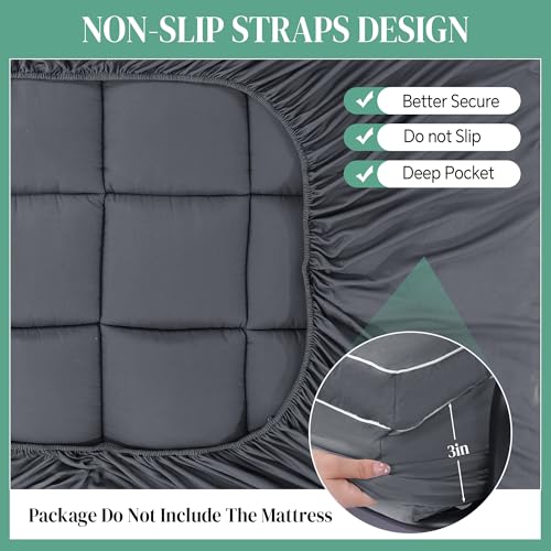 HOMBYS Extra Thick Fitted Futon Mattress Cover Full Size with Anti-Slip Elastic, Plush Down-Alternative Filling for Enhanced Comfort, 100% Polyester Futon Topper, Grey, Cover Only