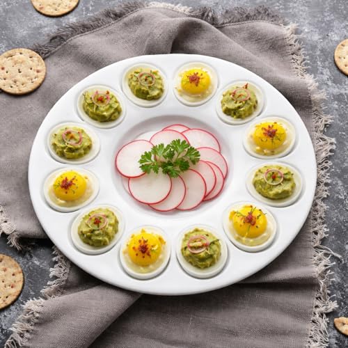 Potchen Easter 10.2 Inch Ceramic Deviled Egg Tray Platters Holds 12 Holes White Porcelain Serving Dish Containers for Hard Boiled Eggs Desserts for Dishwasher, Microwave, Freezer Oven Safe