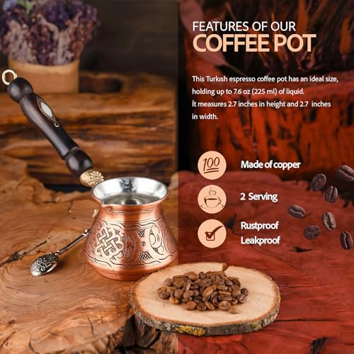 7.6fl Oz Copper Turkish Greek Arabic Coffee Pot with Copper Handle - Cezve Ibrik Briki Stovetop Coffee Maker (Includes Copper Spoon) (2 servings) by jatisse - Used condition - Image 2