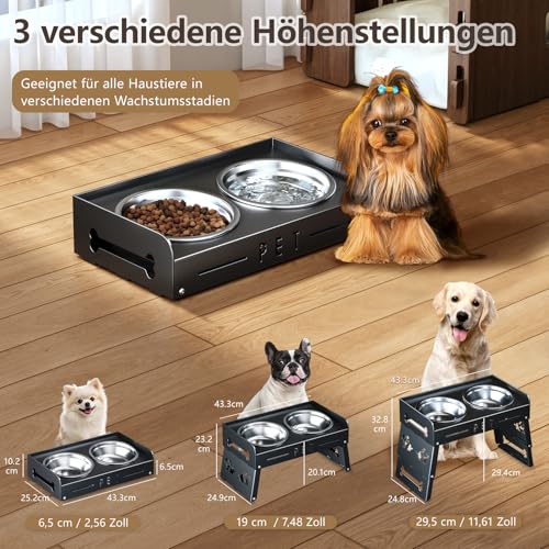 Erhöhter Hundenapf mit 3 Höhenstufen – 2 große, eingedickte Edelstahlschalen für kleine, mittlere und große Hunde (Dunkelschwarz)