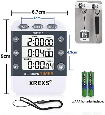 XREXS 3 Channels Count UP/Down Cooking Timer, Stopwatch, Large Display, Adjustable Volume Alarm Memory Timer with Magnetic Back, Stand, Lanyard (Battery Included)