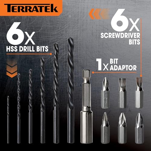 Terratek Cordless Drill Driver 18V Lithium-Ion, 13Pc Electric Screwdriver Set, LED Work Light, Electric Drill Quick Change Power Drill Battery and Charger Included