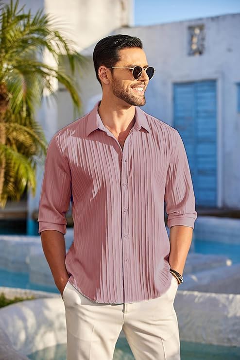 Image of Men's Casual Button Down Linen - Long Sleeve Textured Summer Beach Shirt - Men's Fashionable Lightweight Breathable Stylish Fancy for Vacation