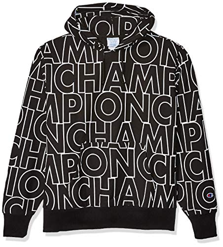 Champion LIFE Men's Reverse Weave Po Hood AOP, Big Block Text Outline Black, X Large