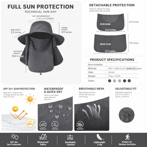 Image of Sun Hat Bucket Hats for Men Women,Outdoor Wide Brim Fishing Hat with Detachable Face Cover & Neck Flap UV Protection