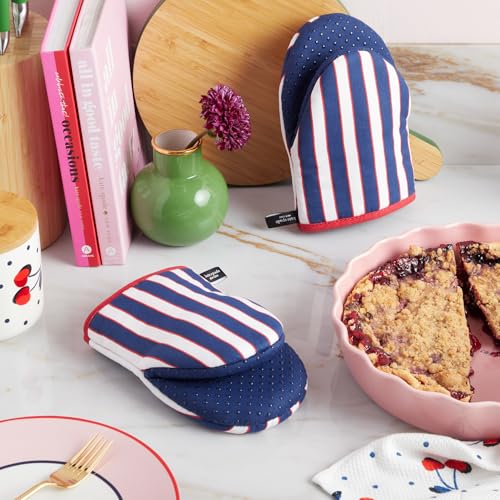 Image of kate spade new york Botanical Stripe Mini Oven Mitt 2-Pack Set, 5.5 inch x 8 inch, Navy Blue /Red