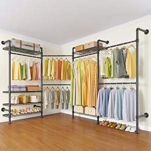 Timate L4 L Shape Garment Rack Heavy Duty Clothes Rack for Hanging Clothes, Expandable Industrial Pipe Clothing Rack, Wall Mounted Closet Organizer Large Wardrobe Closet Kit Corner Closet System Black Timate L4 L Shape Garment Rack Heavy Duty Clothes Rack for Hanging Clothes Expandable Industrial Pipe Clothing Rack Wall Mounted Closet Organizer Large Wardrobe Closet Kit Corner Closet System Black