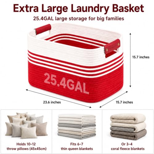 Image of 25.4GAL Collapsible Cotton Rope Extra Large Storage Basket For Bedroom Closet, Boho Rectangular Big Short Hamper Woven Storage Baskets for Living Room Throw Pillows Blankets Dirty Clothes,White Red