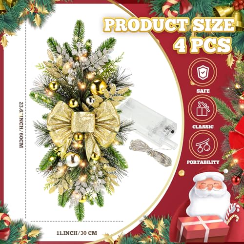Lyrow 4 Pack Christmas Artificial Swags 24 Xmas The Cordless Prelit Stairway Swag Teardrop Trim Wreath Door Stair Garland Christmas Decoration for Outdoor Home Garden Decor(Gold,Rustic Style) by Lyrow - Image 2