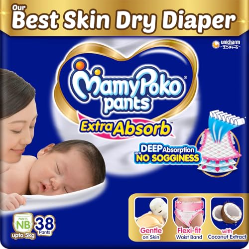 Image of MamyPoko Pants Extra Absorb Baby Diapers, NewBorn /X-Small, up to 5 kg, 38 Count, Deep Sleep Diapers, Soft gentle fit, Deep Absorbent Crisscross, skin friendly with coconut oil