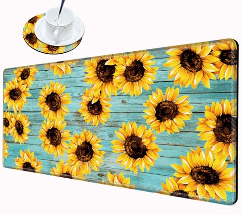Image of Gaming Mouse Pad Large Mousepad Sunflower Desk Mat XXL Big Desk Pad Rubber Base Computer Pad with Stitched Edges Mouse Mat for Work Game Home Office