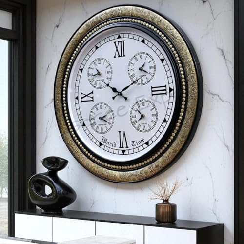 Vintage Clock Extra Large Handcrafted Brass Inlay Wooden Clock / 1 Year Warranty/World Clock (VC-1711-24-WC)